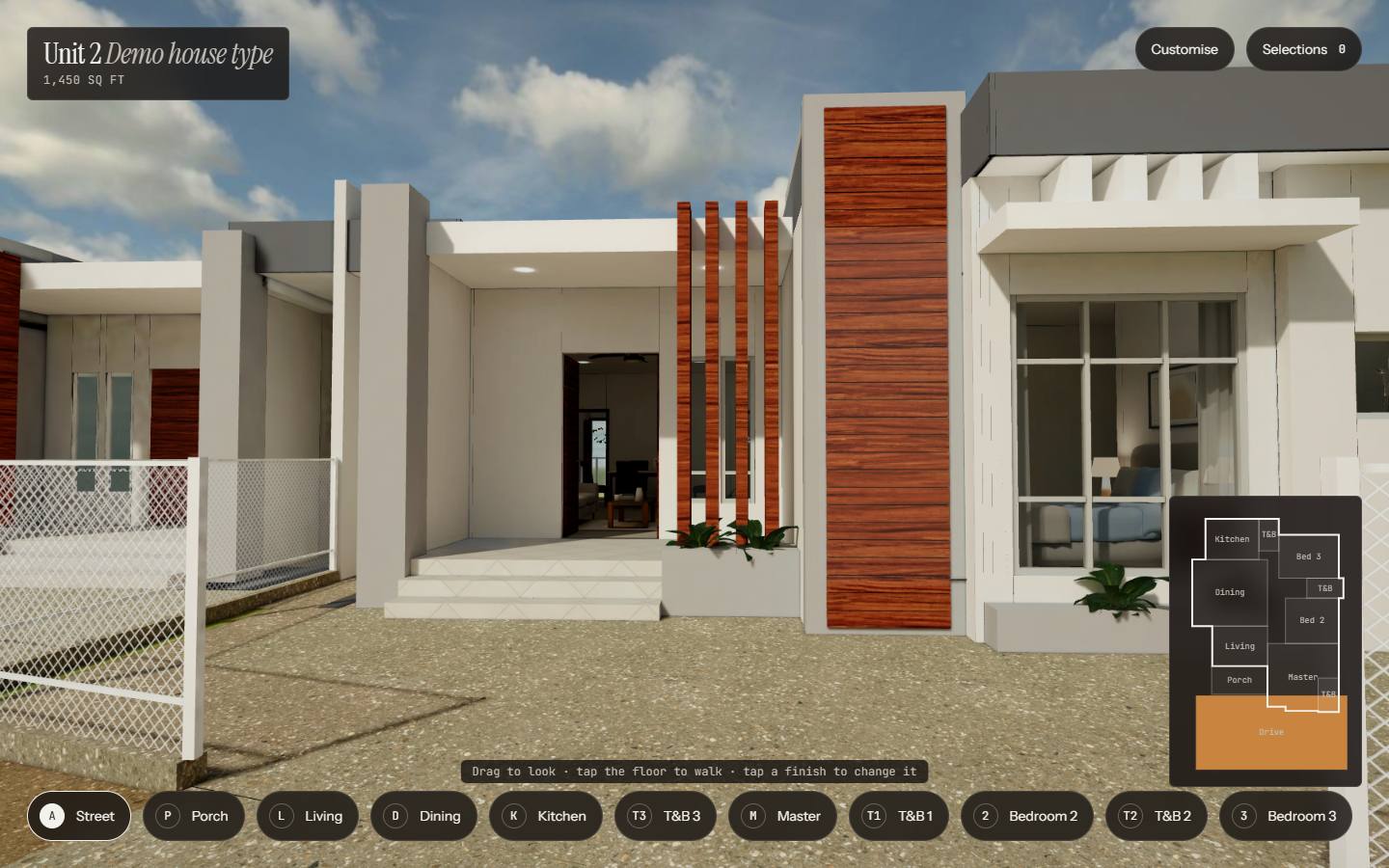 The 3D walkthrough demo: a single-storey house type from the street, with the room buttons and the floor plan on screen.