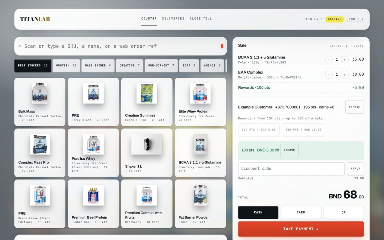Titan Lab Brunei's till: product tiles with stock left on each, and a sale with a rewards discount. Example data.